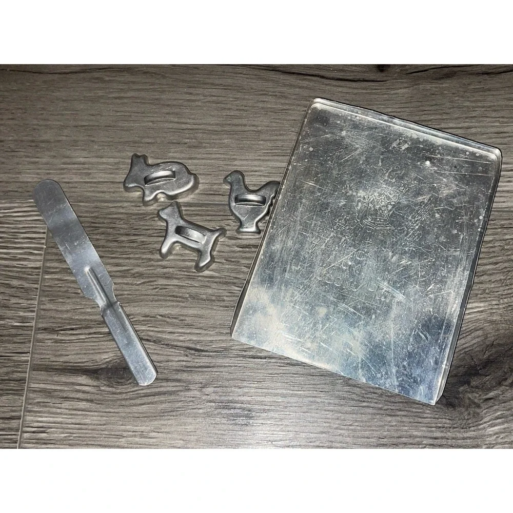 Vintage Aluminum Toy LOT - measuring cup, cookie sheet, cookie cutters, & coffee